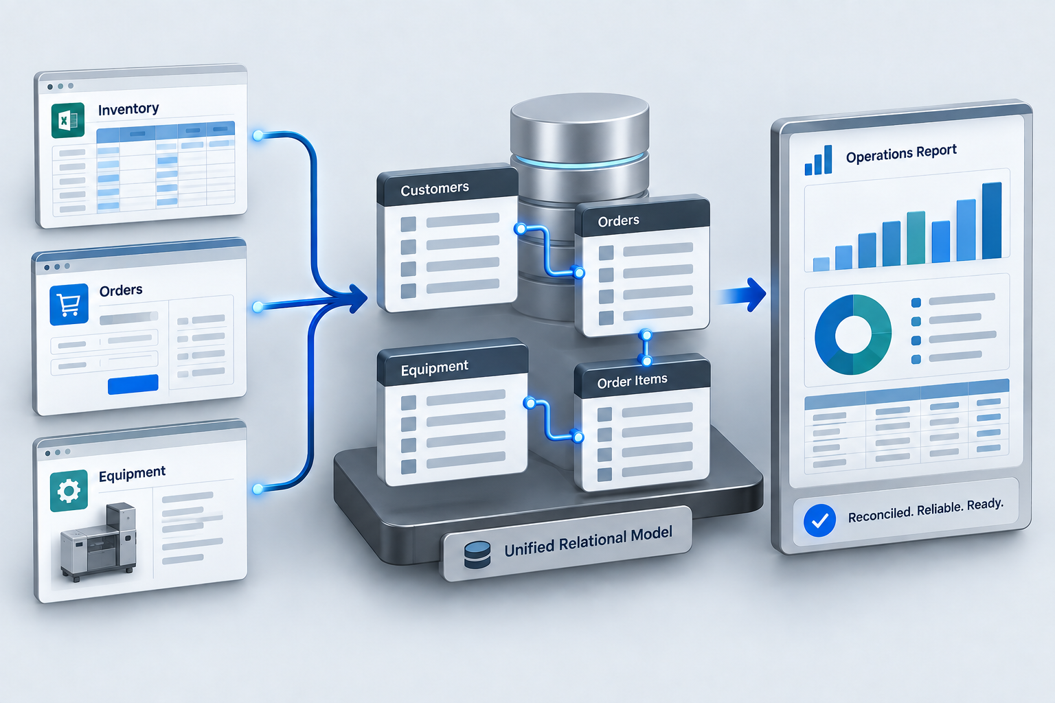 Order, spreadsheet, and equipment data converge into related tables and an organized business report.