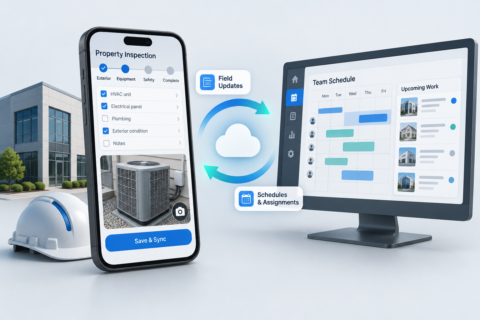 A field inspection phone with a checklist and equipment photo synchronizes with an office scheduling dashboard.