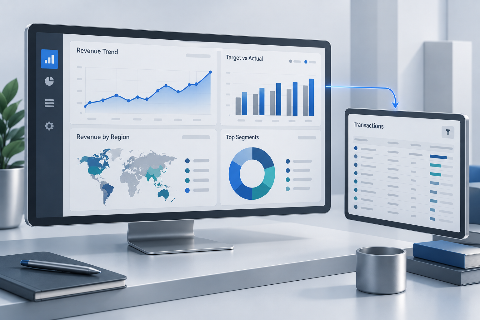 An executive dashboard with trends and comparison charts connects to a detailed transaction view.