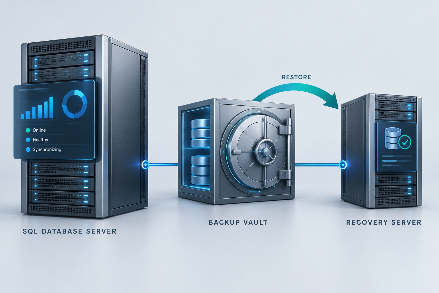 A monitored database server connects to a backup vault and a separate recovery server.
