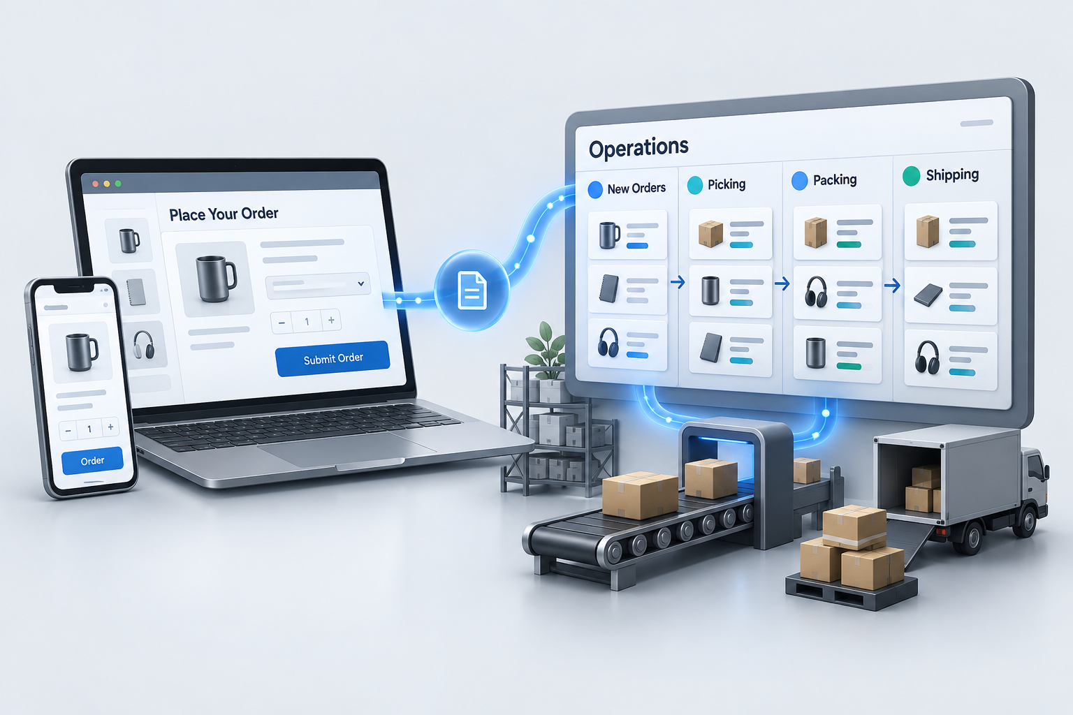 A customer ordering portal connects browser and mobile screens to an operations fulfillment board.