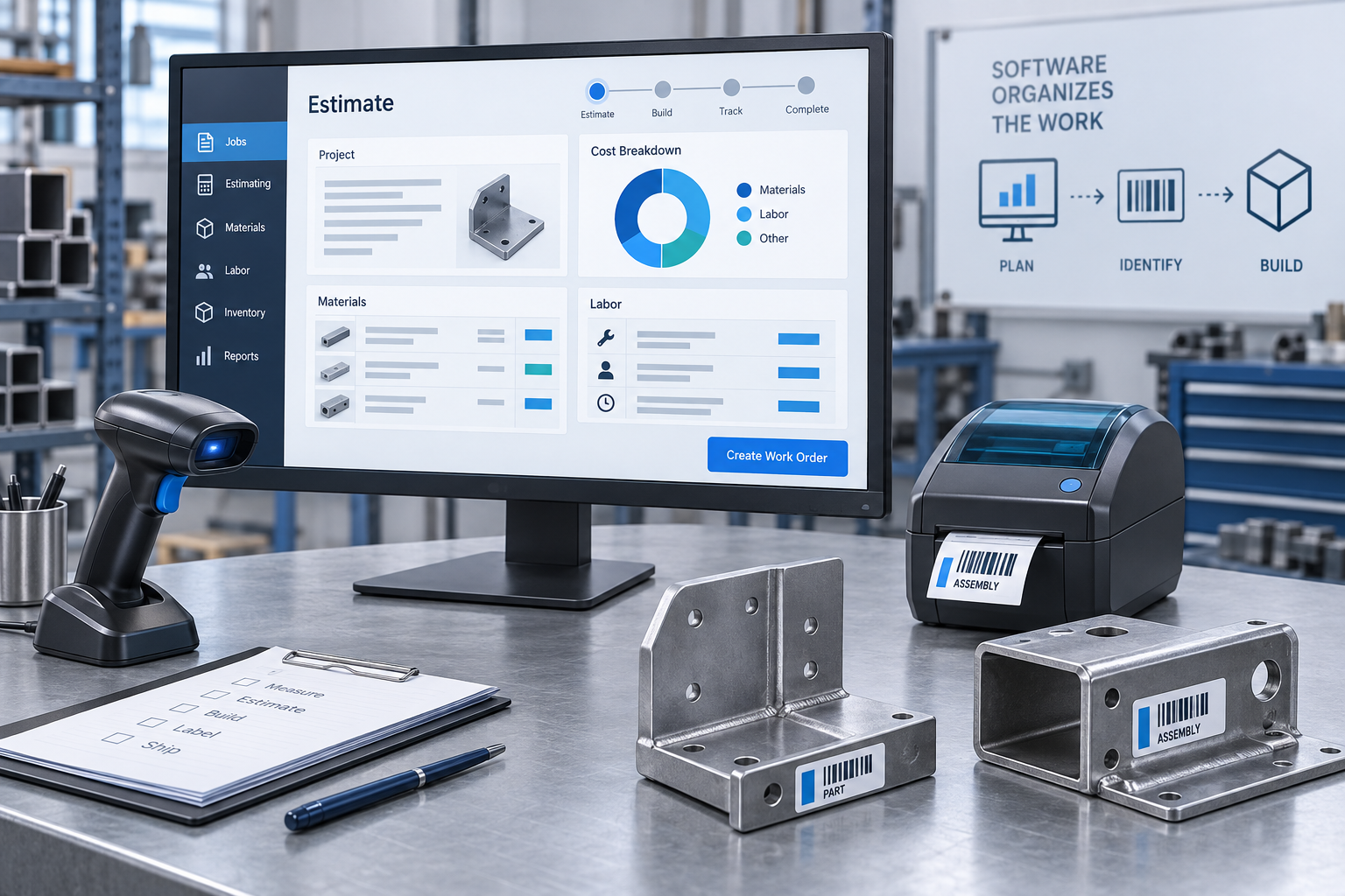 A desktop estimating application works alongside a barcode scanner, label printer, and fabricated parts.